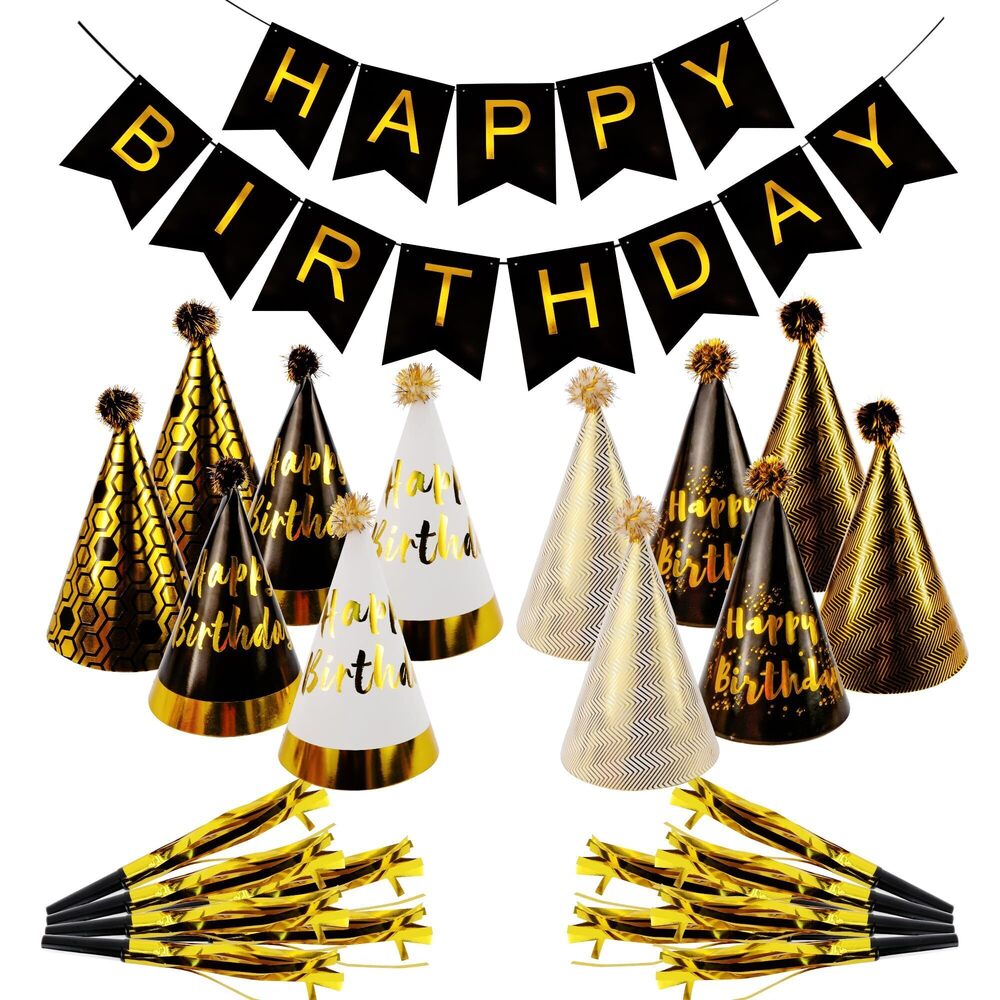 3331 25Pcs Gold Birthday Cone Hat Set Includes 12 Gold Black White Party